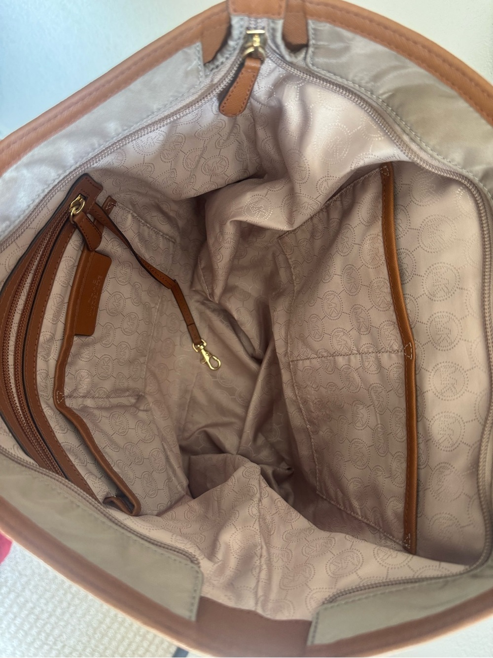 Michael Kors Beige Nylon Tote with Brown Leather Trim and Gold Hardware - Picture 9 of 14